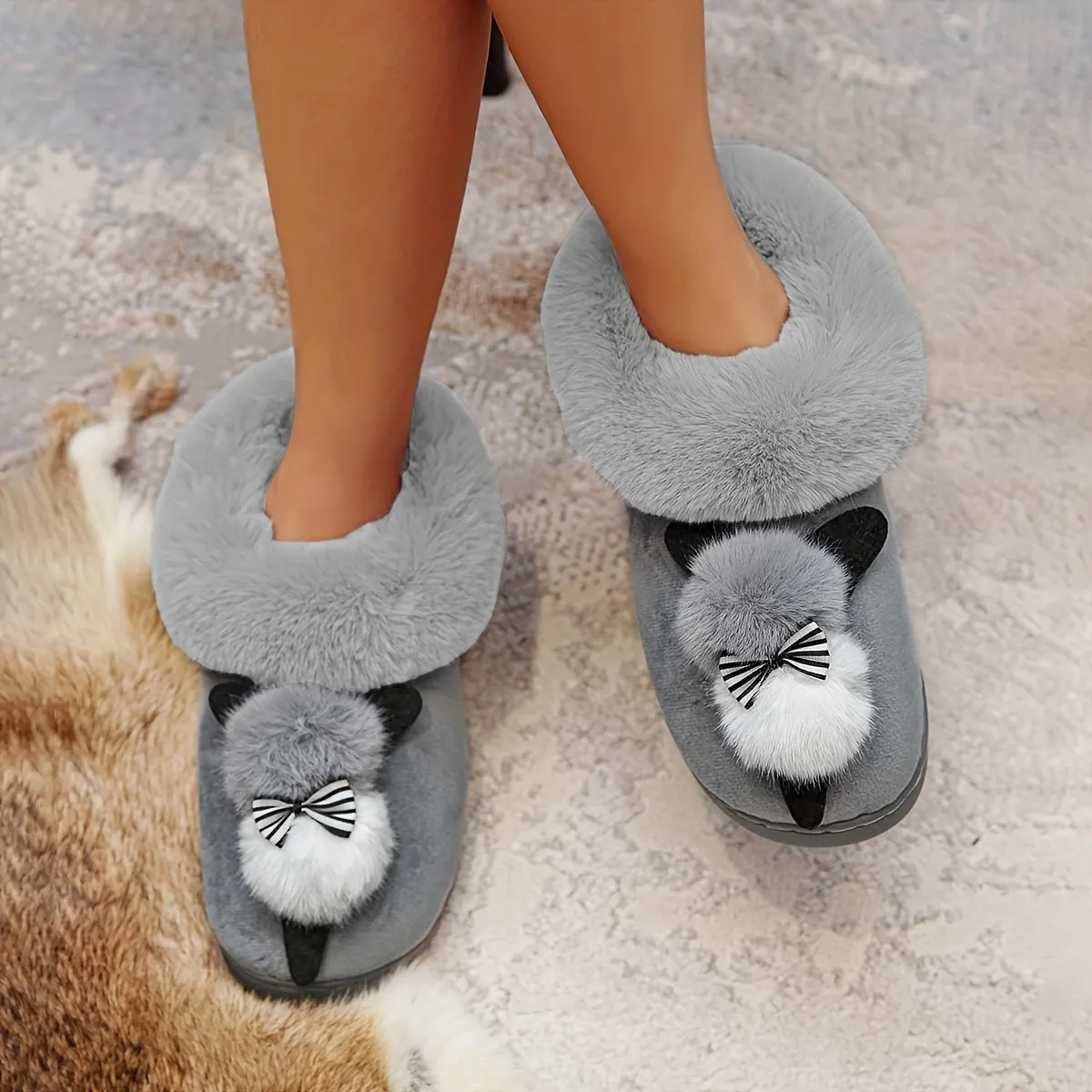 Womens Adorable Rabbit Fur Slippers - Soft & Cozy Indoor footwear with Non-Slip Soles for Ultimate Comfort and Cuteness