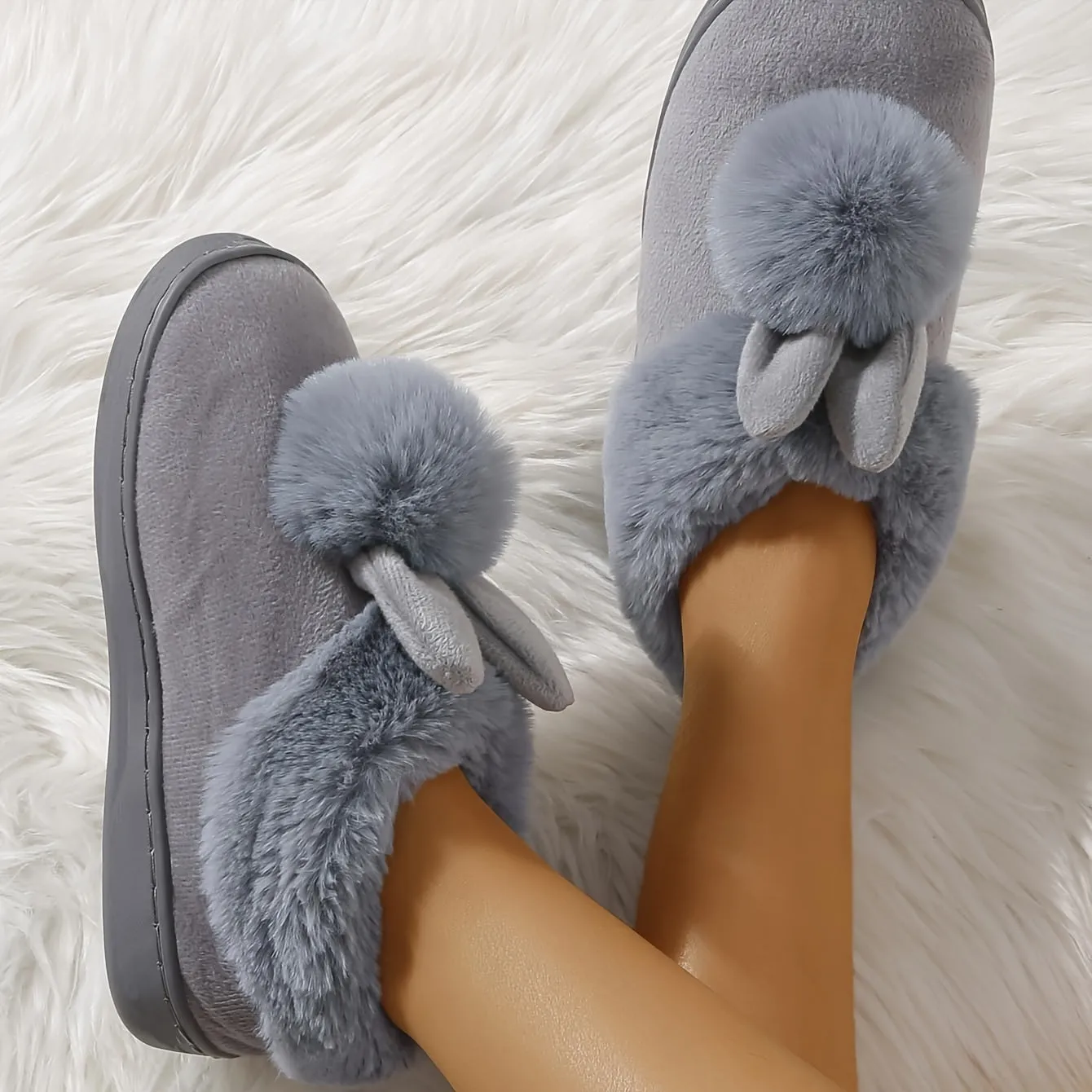 Womens Adorable Rabbit Fur Slippers - Soft & Cozy Indoor footwear with Non-Slip Soles for Ultimate Comfort and Cuteness
